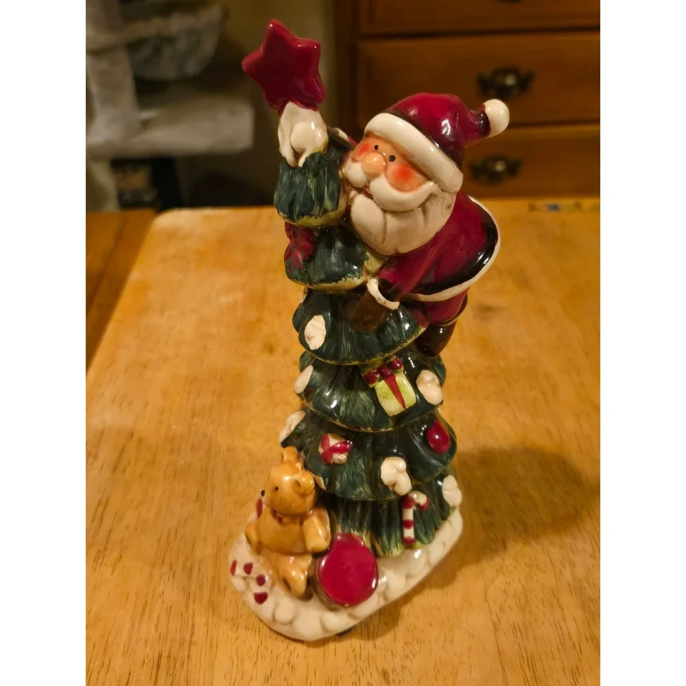 Ceramic Santa Climbing‎ Christmas Tree Figurine Holiday Decor Teddy Bear Star